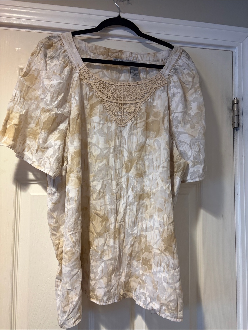 Liz & Me Cream Floral Crochet Yoke Peasant Blouse